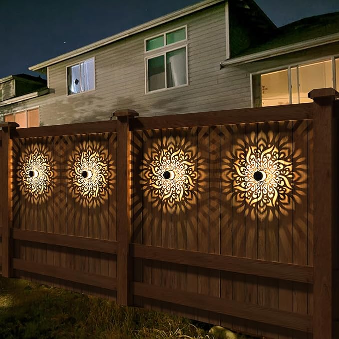 2 Pack Solar Fence Lights Metal Solar Powered Outdoor Deck Step Wall Lights Mandala Theme Waterproof Fence Light for Garden Post Patio Backyard Yard Decor (2 Pack)-Ruum Studio Home