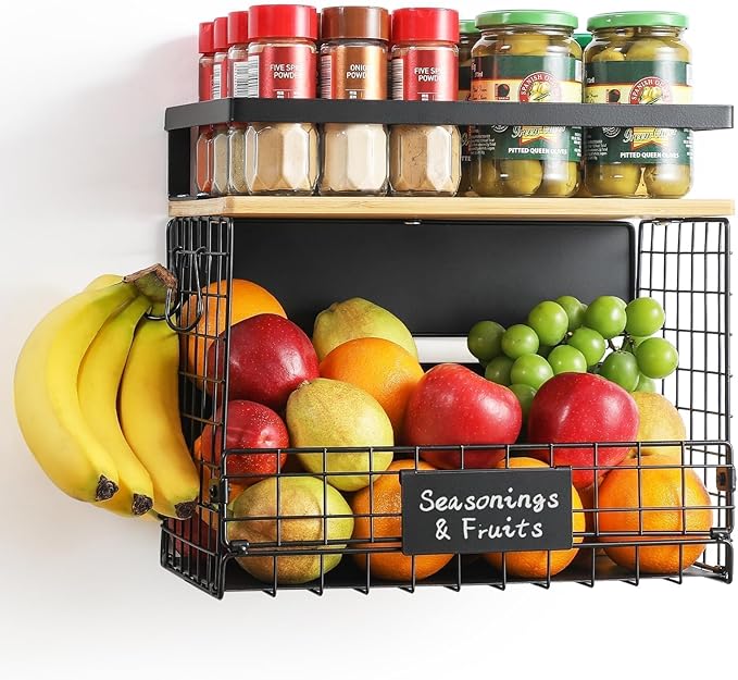 [WIDER Shelf]1 SET Strong Magnetic Shelf Basket for Fridge with Tag & Bamboo Top, XXL Large Magnetic Spice Rack Shelves for Side of Refrigerator, Kitchen Pantry Storage Organizer for Food Fruit Veg-Ruum Studio Home