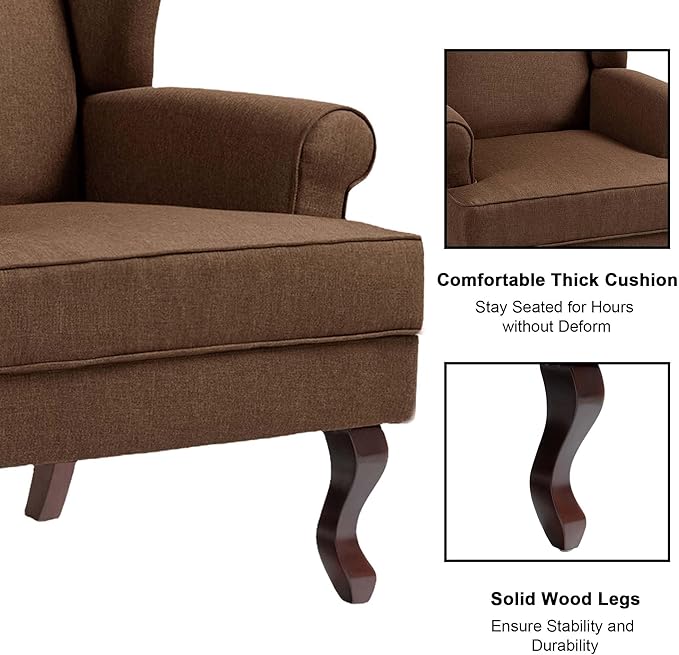 Accent Chair, High Back Upholstered Armchair with High Resilience Sponge & Wood Legs, Mid-Century Modern Comfy Single Sofa Reading Chairs for Living Room, Bedroom (Brown, Set of 2)-Ruum Studio Home