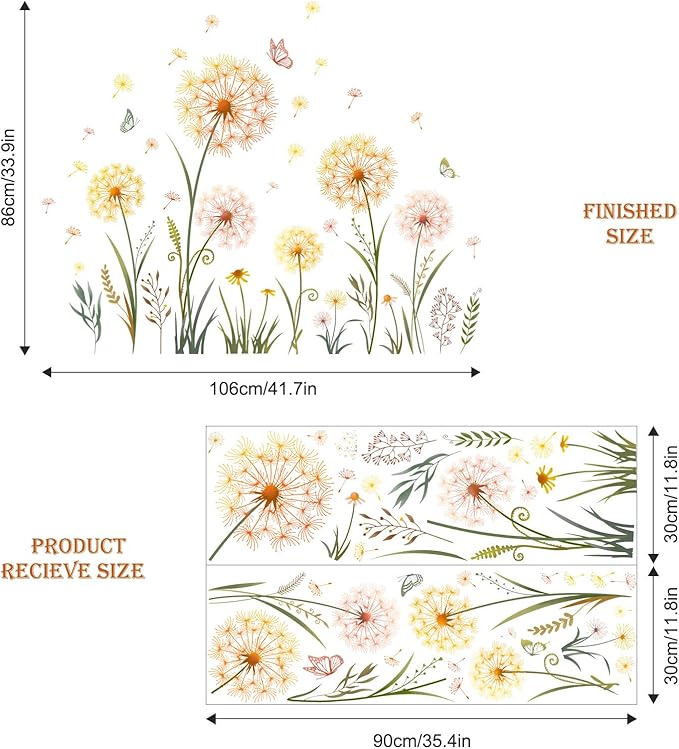 Dandelion Flower Butterfly Wall Decals Gold Dandelion Plants Floral Wall Stickers Peel and Stick Vinyl Wall Art Decor for Living Room Bedroom Office TV Sofa Backdrop Home Decor Gifts for Mom-Ruum Studio Home
