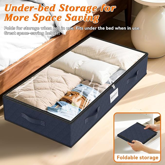 SpaceWhisper 90L Under Bed Storage Containers, 8-Pack Storage Bins with Clear Top, Foldable Closet Organizers and Storage with Label Holder for Clothing, Blankets, Comforter & Pillows(Blue)-Ruum Studio Home