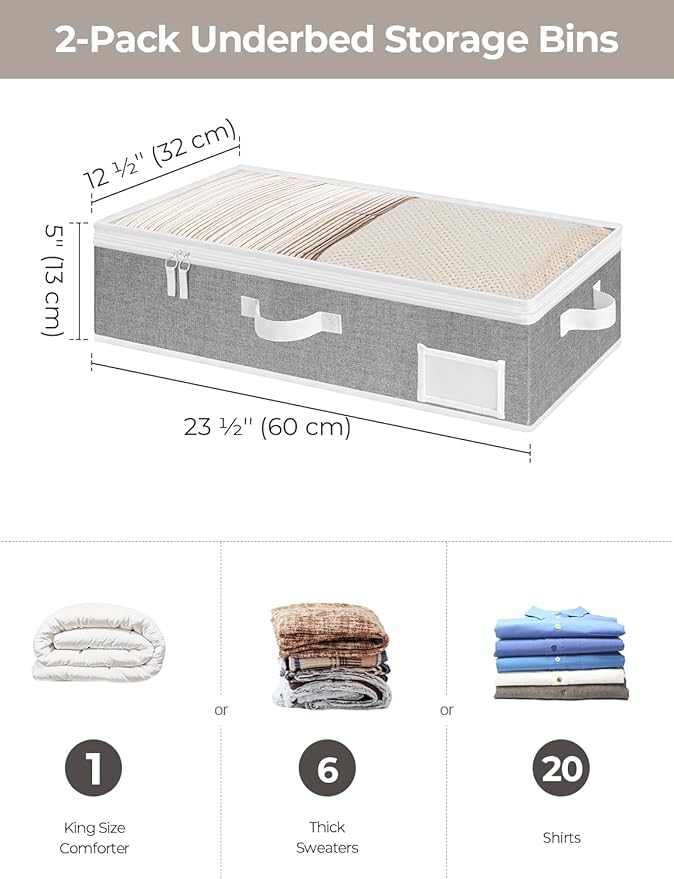 StorageWorks Under Bed Storage Containers with Handles and Label Holder, 2 Pack Ultra-thick Fabric Underbed Bins, Closet Organizer for Clothes, Blankets, Sweater-Ruum Studio Home