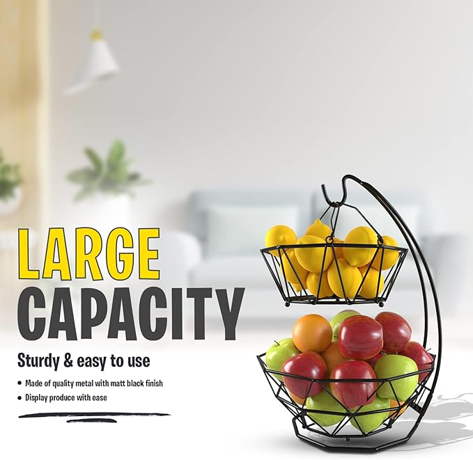 Fruit Basket with Banana Hanger and Fruit Bowl. Kitchen Counter Fruit Bowl with Banana Holder used as Bread, Vegetable or Produce Basket, Egg Holder, 2 Tier-Ruum Studio Home
