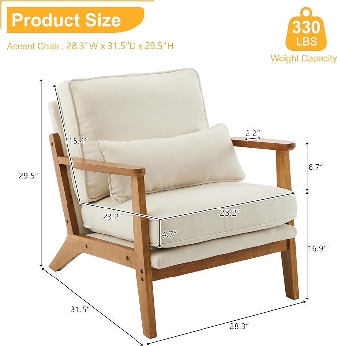 Karl home Accent Chair Wide Armrest Mid-Century Lounge Chair Linen Fabric Armchair with Lumbar Pillow & Solid Wood Frame for Living Room, Bedroom, Balcony, Beige-Ruum Studio Home