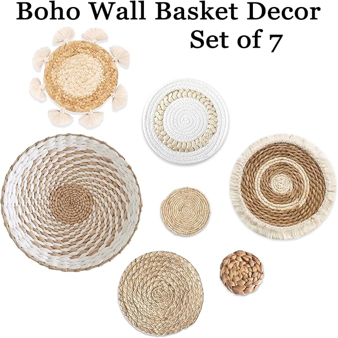 7 Pack Boho Wall Basket Decor - Seagrass Rattan Wicker Wall Decor Round Handmade Hanging Rustic Flat Elegant Wall Art for Farmhouse Living Rooms Bedrooms Display Table Settings Kitchen Home-Ruum Studio Home