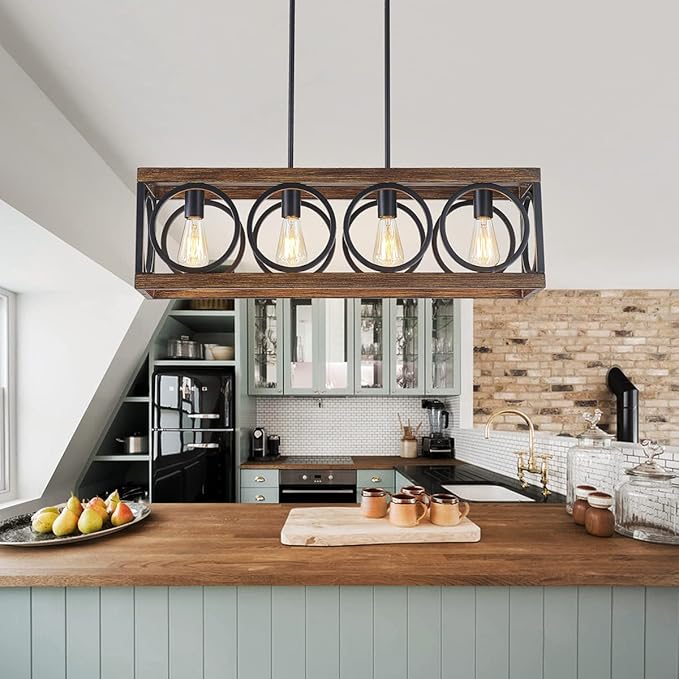 XINGQI Black Kitchen Island Light Fixtures, Farmhouse Dining Room Chandelier Rectangular Linear Chandeliers Pendant Ceiling Light Fixture for Bar Office Coffee Shop 4-Light Wood Grain-Ruum Studio Home