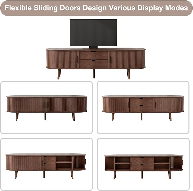 55" Mid Century TV Stand, Fluted TV Stand Fits 32" to 60" TVs. Wood Entertainment Center for Living Room, Farmhouse Modern TV and Media Console Table with Storage, Curved Edge and Sliding Door, Walnut-Ruum Studio Home