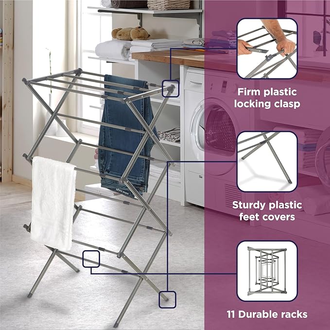 BLACK+DECKER 3 Tier Expandable Collapsing Foldable Laundry Rack for Air Drying Clothing, Space Saving Heavy Duty Lightweight Metal Drying Rack(Silver)-Ruum Studio Home