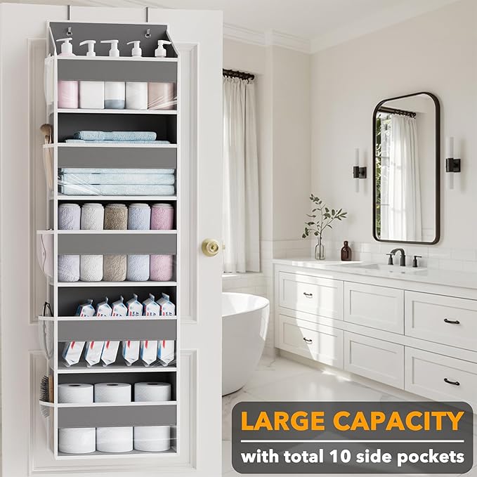 SpaceAid 2 Pack Over The Door Organizer with 5 Large Pockets and 10 Mesh Side Pockets, 5 Layers Door Organizer Hanging with Clear Window for Bedroom, Bathroom, Pantry and Nursery, Gray-Ruum Studio Home