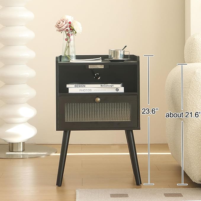 AWASEN Black Nightstand with Charging Station, Modern Bedside Table with Glass Decorative Drawer, Small End Table Side Table with 2 Tiers Storage Space, for Bedroom, Office and Small Space (Black)-Ruum Studio Home