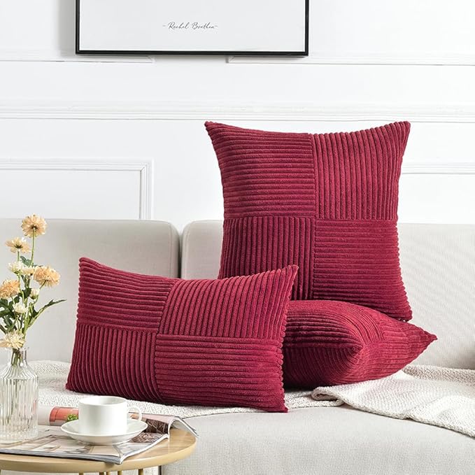 Fancy Homi 2 Packs Burgundy Long Lumbar Decorative Throw Pillow Covers 12x24 Inch for Couch Bed Sofa, Rustic Farmhouse Boho Home Decor, Soft Striped Corduroy Rectangle Accent Cushion Case 30x60 cm-Ruum Studio Home