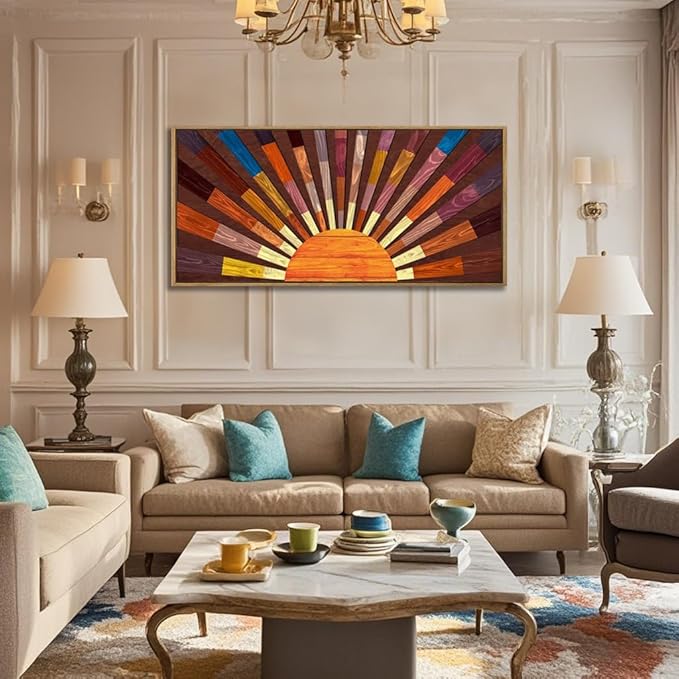 IARTTOP Extra Large Boho Sun Wood Wall Art for Living Room Wooden 3D Framed Abstract Sun Rising on the Horizon Geometric Wall Decor Mid century Sunshine Artwork Home Bedroom Office20 * 40 Inch-Ruum Studio Home