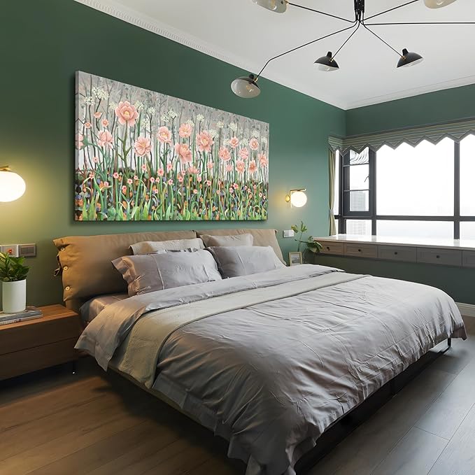 amatop Extra Large Floral Wall Picture for Living Room Modern Botanical Canvas Prints Flower Field Wall Decor Abstract Nature Art Wildflower Garden Pink Green Stretched Artwork Bedroom Office 58x29 in-Ruum Studio Home