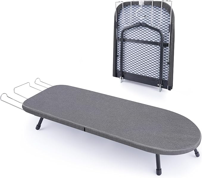 Tabletop Ironing Board with Iron Rest, Metal Mesh Panel Mini Ironing Board with Heat Resistant Cover, Portable Small Iron Board Foldable for Dorms, Apartment and Travel, 32" x12'', Black-Ruum Studio Home