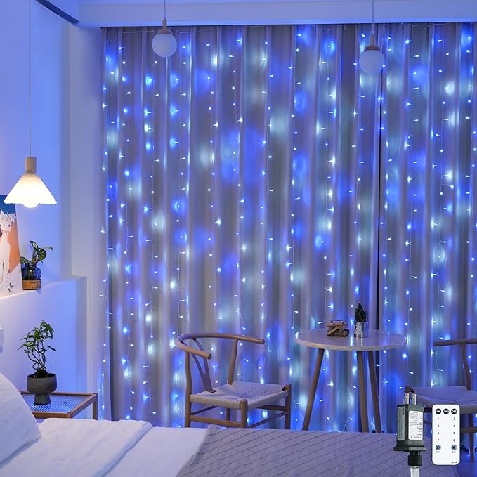 JMEXSUSS 300LED Christmas Curtain Lights Plug in with Remote, Blue and White Christmas Lights Indoor Outdoor, 8 Modes Hanging Fairy String Lights for Bedroom Window Wall Yard Patio Decor, 9.8x9.8ft-Ruum Studio Home