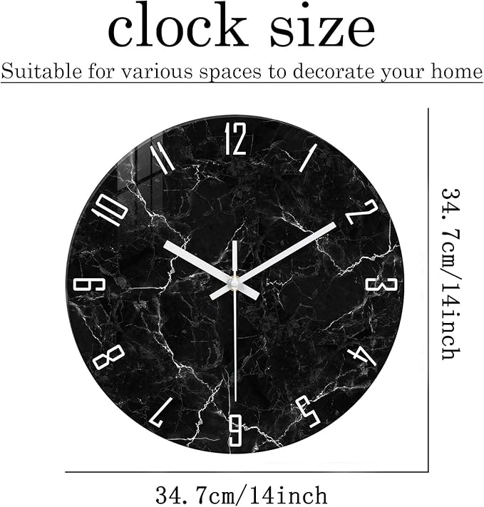 Big Wall Clock for Living Room Decor Marble Glass Wall Clock Battery Operated 16 Inch Black Wall Clocks Non Ticking
