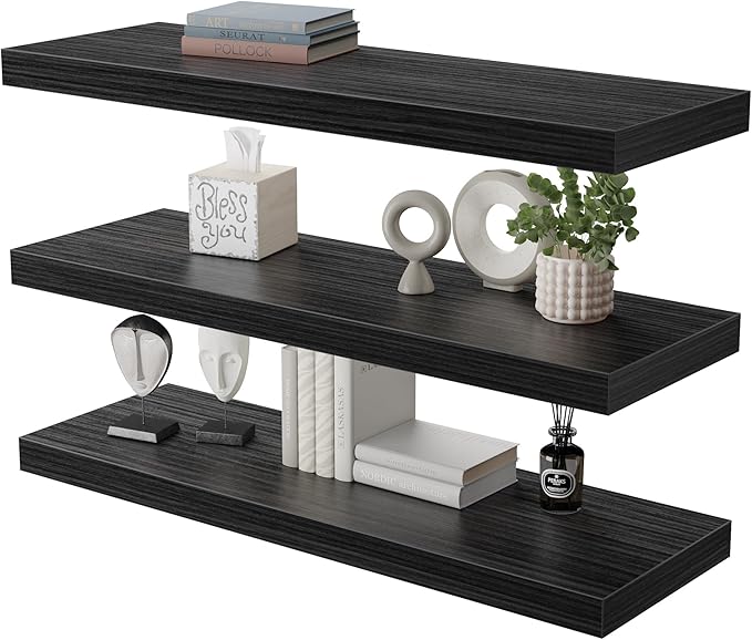 Large Floating Shelves for Wall Set of 3 Wooden Wall Shelves 36 in x 12.75 in x 2 in Room Decor Long Shelf with Invisible Wall Mount Bracket for Bedroom Kitchen Living Room Black Wood-Ruum Studio Home