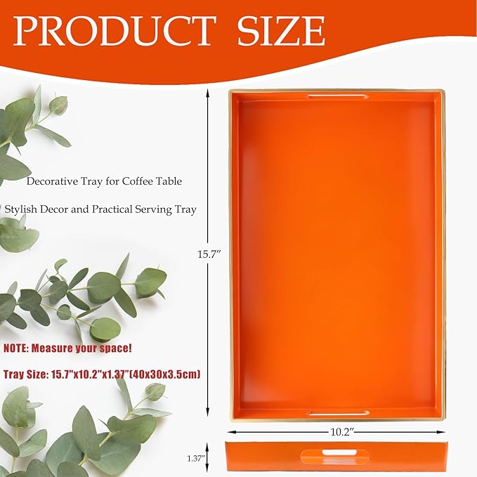 Spsyrine Orange Decorative Serving Tray with Handles, Elegant Plastic Coffee Table Tray for Ottoman, Living Room, Home Decor 15.6" X 10.2"-Ruum Studio Home