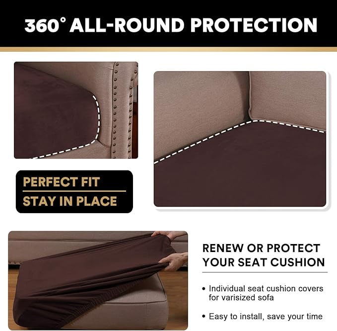 PrinceDeco Velvet Sofa Cushion Covers, Stretch Couch Cushion Covers for Individual Seat Couch Slipcover Sets Furniture Protector for Loveseat Sofa Cushion(Each Width Up to 29.5", Brown)-Ruum Studio Home