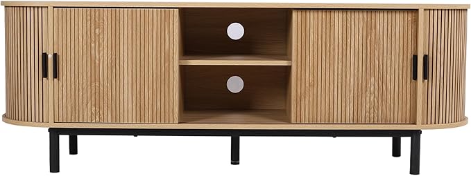 62" Tambour Door TV Stand,Wood Mid Century Modern TV Cabinet for Up to 75“ TV,Curved Edge Long TV Stand with Storage for Bedroom Living Room (Natural, 62.2inch)-Ruum Studio Home