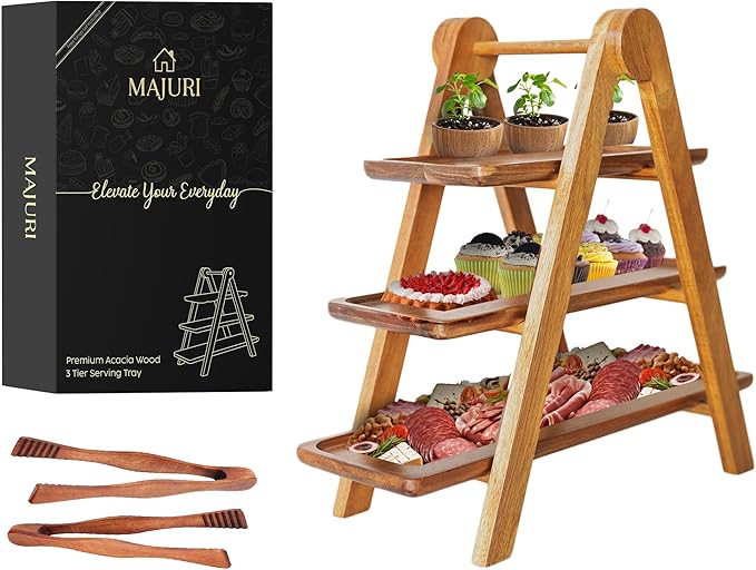 MAJURI 3 Tier Wooden Serving Tray, Set of 2 Tongs Free, Tiered Serving Trays & Platters for Party, Wedding, Picnic, Your Perfect Elevated Charcuterie Stand and for 3 Tiered Dessert Stand Lovers-Ruum Studio Home