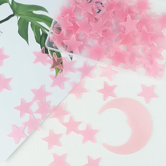 100 Stars and 1 Moon Glow in The Dark Luminous Fluorescent 3D Plastic Glow Stars Moon for Ceiling, Glowing Wall Stickers Create a Realistic Starry Sky, Room Decorations (Pink)-Ruum Studio Home