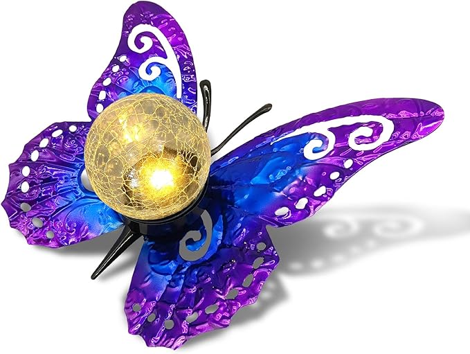 Solar Lights Outdoor Garden Butterfly Decor, Metal Butterfly Statue Decoration with LED Crackle Glass Globe, Solar Powered Lighted Garden Art Decor for Patio Lawn Yard Pathway Tabletop Ground-Ruum Studio Home