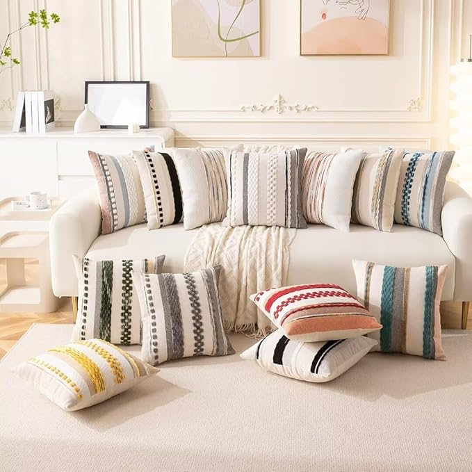 Boho Throw Pillow Covers 18x18 Set of 2 Farmhouse Decorative Cushion Case Striped Square Pillows Cover Chenille Pillow Cases Accent Neutral Pillowcase for Sofa Couch Bed,Gray-Ruum Studio Home