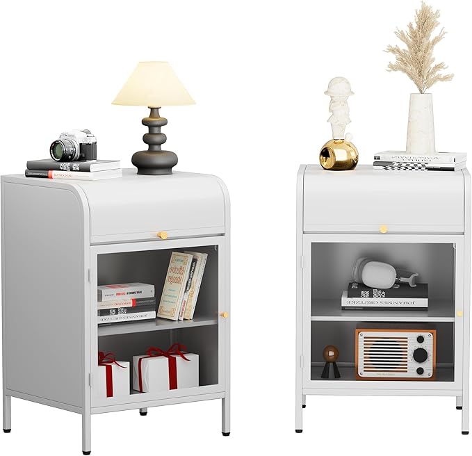 Modern Metal Side Tables Set of 2, End Tables with Glass Door, 2-Tier Nightstands with Storage Shelves, Accent Table, Slim Sofa Table for Living Room, Bedroom (White)-Ruum Studio Home