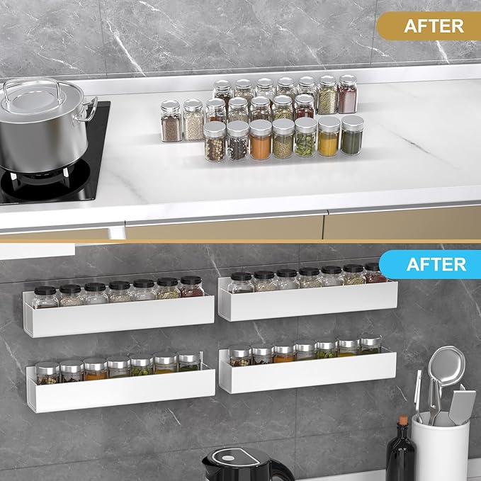 PMMASTO Adhesive Acrylic Spice Rack Organizer for Wall with Nano Double Sided Tape, Spice Shelf Organization for Kitchen Cabinet Door/Pantry Door, Wall Mount Seasoning Rack (White - 4 Pack)-Ruum Studio Home