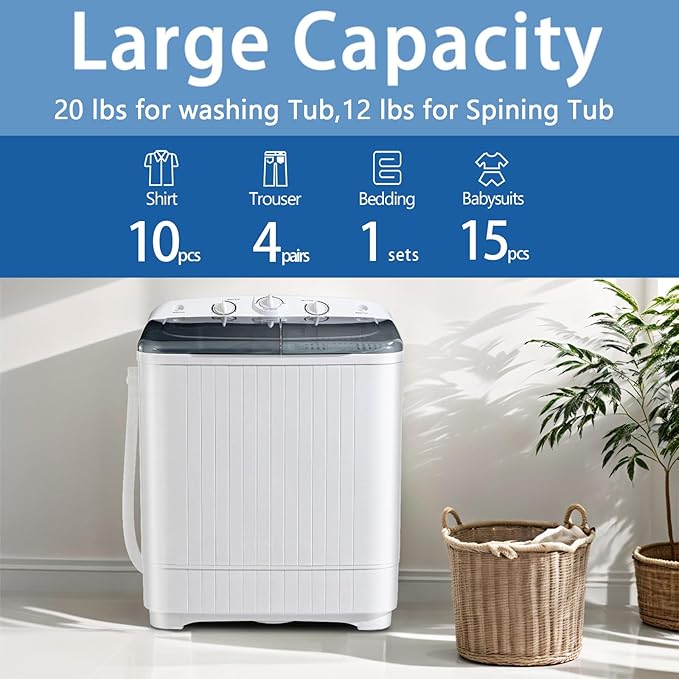 Portable Mini Twin Tub 32lbs Washing Machine With Drying Rack& 10 Hangers, 20lbs Washer & 12lbs Spinner, Small Laundry Washer with Time Control for Camping, Apartments, RV (32lbs)-Ruum Studio Home