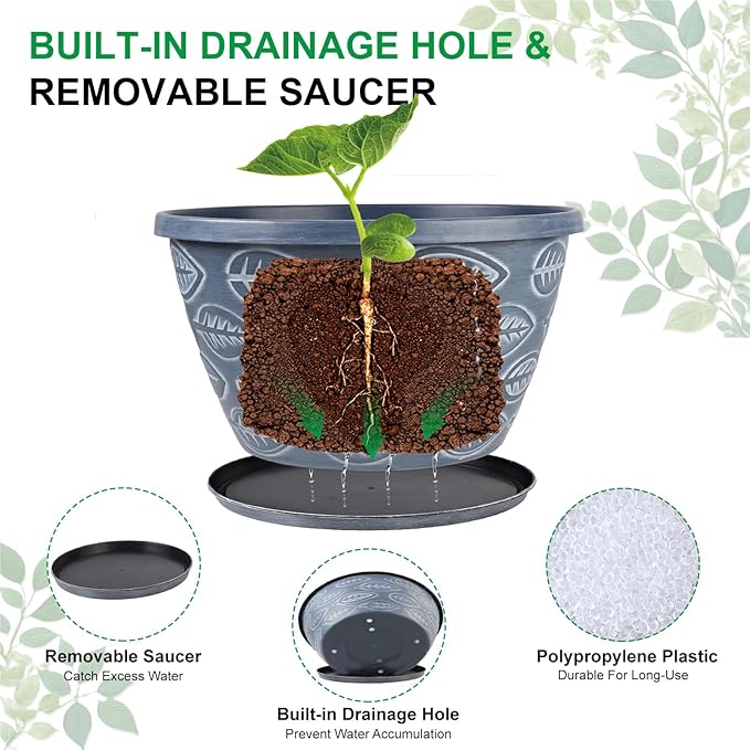 Outdoor Flower Pots for Plants Set of 3 Pack 11 Inch Planter Pot, Large Plastic Plant Pots Indoor Plants with Drainage Holes & Trays, Modern Decorative Garden Containers Sets for House(Blue)-Ruum Studio Home
