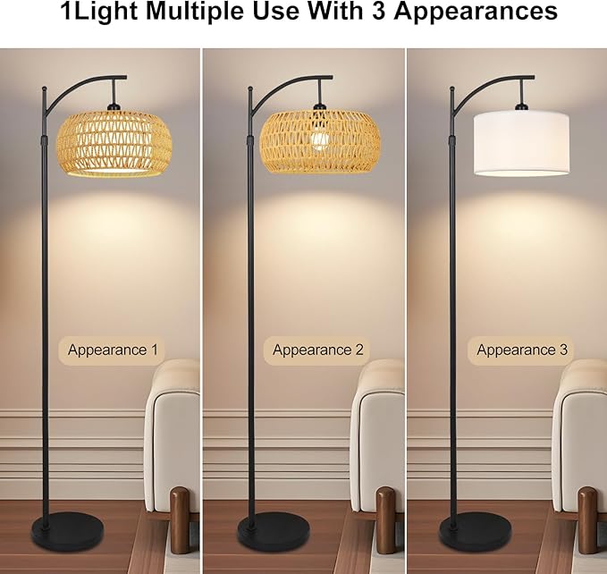 Arc Floor Lamps for Living Room Rattan Boho Floor Lamp with Remote Control,Dimmable LED Floor Lamp Wicker Lamp Shades Black Standing Lamp with 3 Color Temperature Tall Floor Lamps For Bedroom Corner-Ruum Studio Home