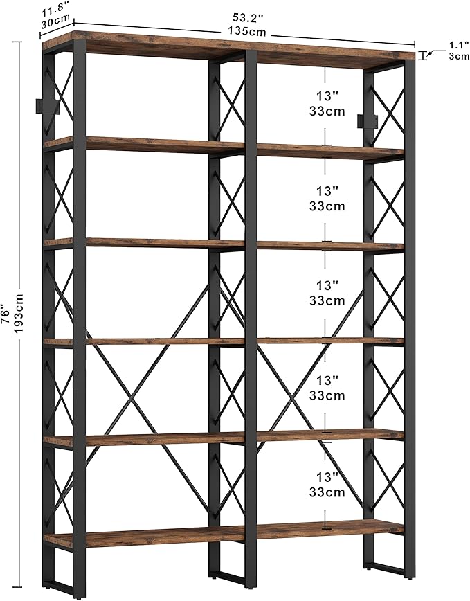 IRONCK Bookshelf Double Wide 6-Tier 76" H, Open Large Bookcase, Industrial Style Shelves, Wood and Metal Bookshelves for Home Office, Easy Assembly-Ruum Studio Home