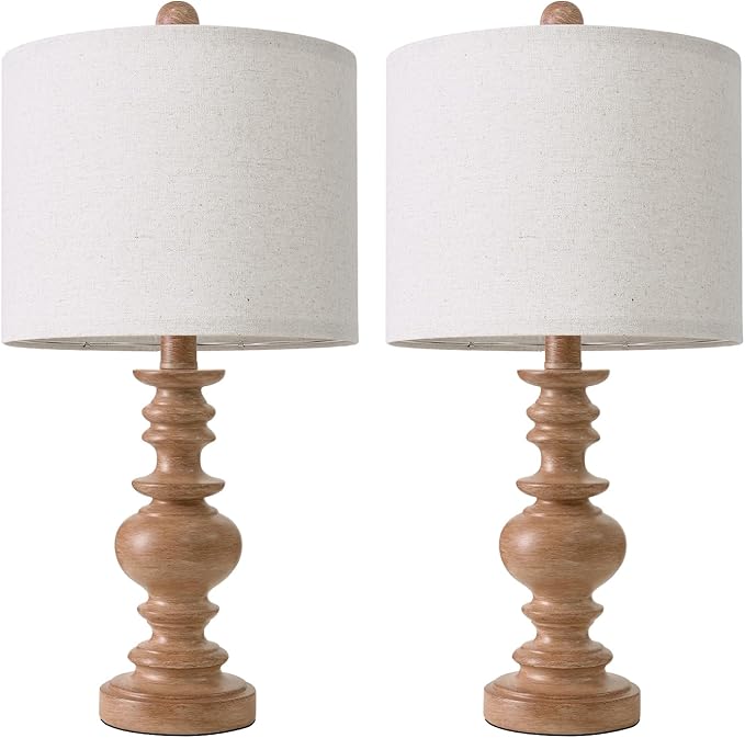 BOBOMOMO 20" Rustic Bedside Lamps Set of 2- Vintage Resin Table Lamps for Nightstands with Linen Shades, Farmhouse Lamps for Living Room, Bedroom, and Hallway (Light Brown) - Ideal for Compact Spaces-Ruum Studio Home