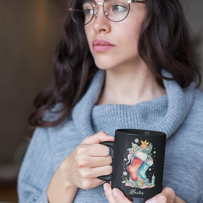 Custom Funny Christmas Cup, Christmas Sock With Gifts And Candle Design Mug, Customized Name Christmas Black Cup 11oz 15oz, Personalized Coffee Mug For Christmas, Christmas Sock Detailed Cup-Ruum Studio Home