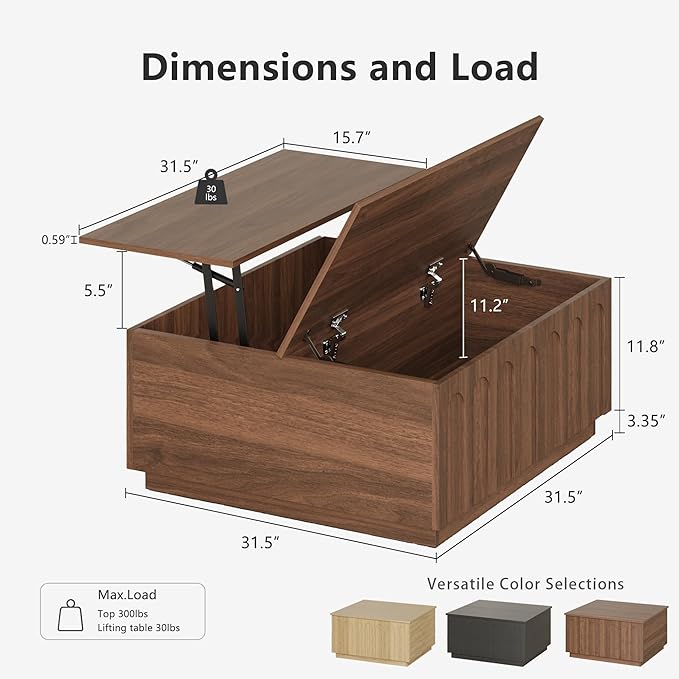 Lift Top Coffee Table with Storage, Mid Century Modern Coffee Table with Arched Design, 31.5" Square Tea Table with Wood Grain, Multifunctional Center Table for Living Room, Office, Walnut-Ruum Studio Home