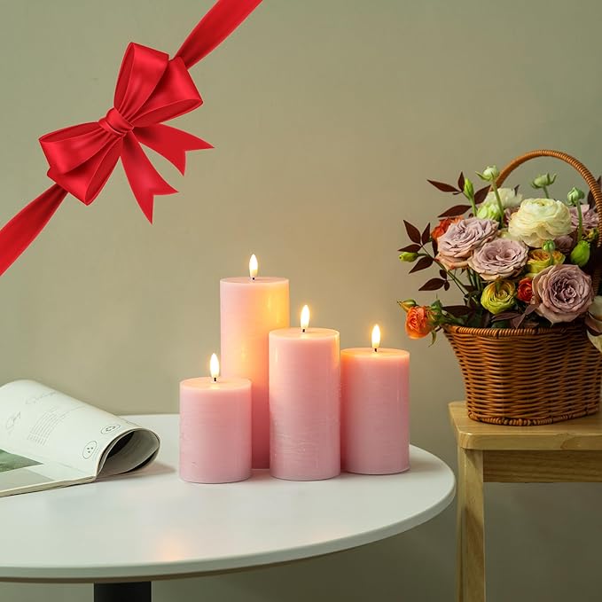 LUSHABOR Flameless Candles, 4 Pack Battery Operated Candles with Remote, Real Wax LED Fake Candles with Timer Flickering for Christmas Wedding Home Party D3 H 5" 6" 7" 9" Pink-Ruum Studio Home