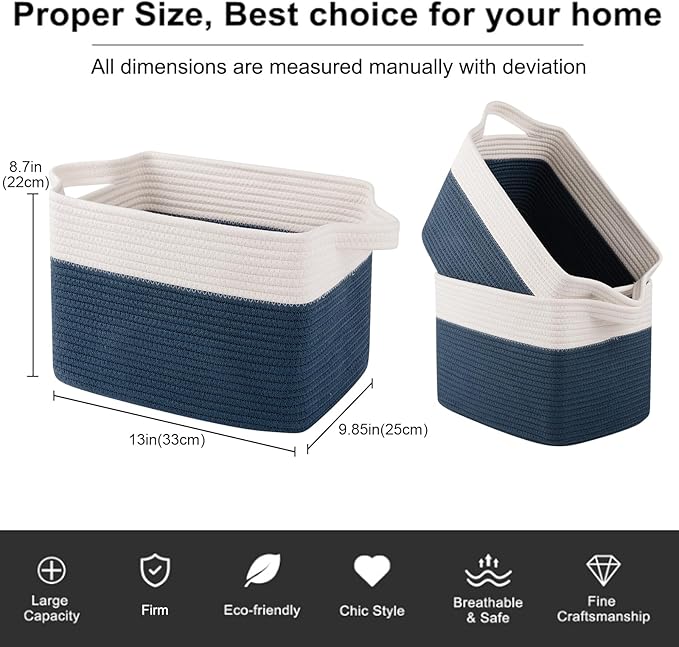 OIAHOMY Storage Baskets - Woven Cotton Rope Baskets for Shelves, Toy Towel Organizer Bins, Pack of 3, Blue & White-Ruum Studio Home