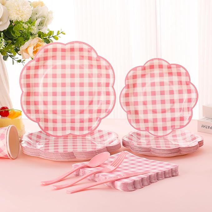 175 Pcs Pink Gingham Plates and Napkins Party Supplies - Pink and White Checkered Plates Sets Serve 25 Guests - Scalloped Gingham Paper Plate for Birthday Wedding Picnic Party Decorations-Ruum Studio Home