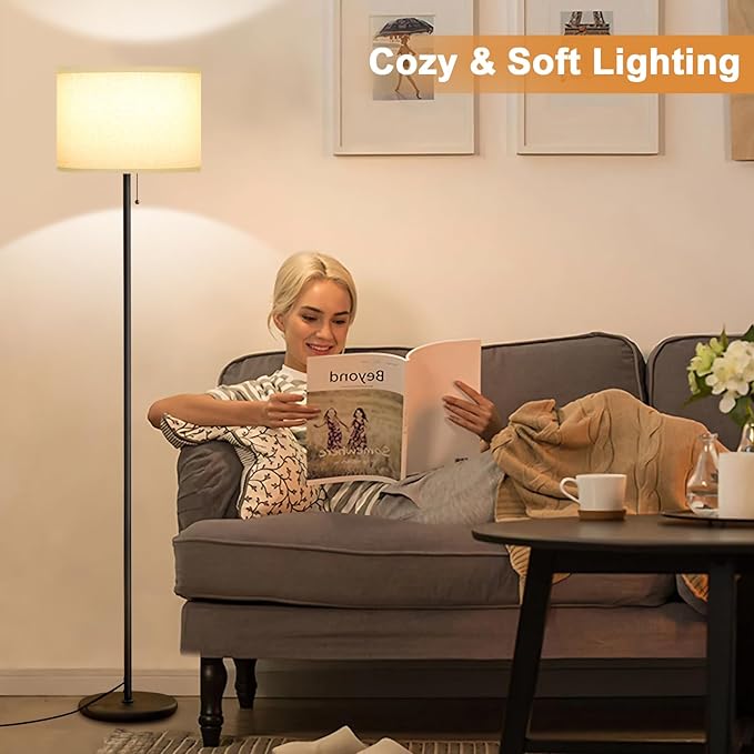 Ambimall Floor Lamps for Living Room with 3 Color Temperatures Bulb & Pull Chain Switch, 60" Modern Standing Floor Lamp for Bedroom Kids Room Study Room（Dark Beige Shade & Black Pole）-Ruum Studio Home
