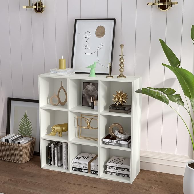 9-Cube Storage Shelf Bookcase - Wooden 3-Tier Floor Standing Open Bookshelf for Home and Office, Display Cabinet, Warm White-Ruum Studio Home