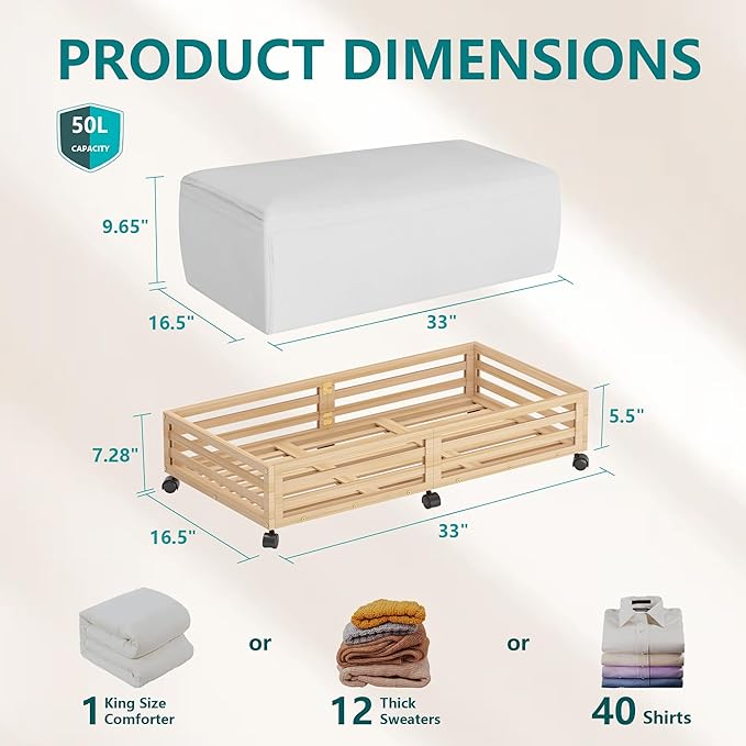 Bamboo Under Bed Storage Containers- Underbed Organizer with Wheels with Large Dust Bag,Sturdy Wood Rolling Under the Bed Shoe Storage Organizer Drawer 2 Packs (Nature, Long)-Ruum Studio Home