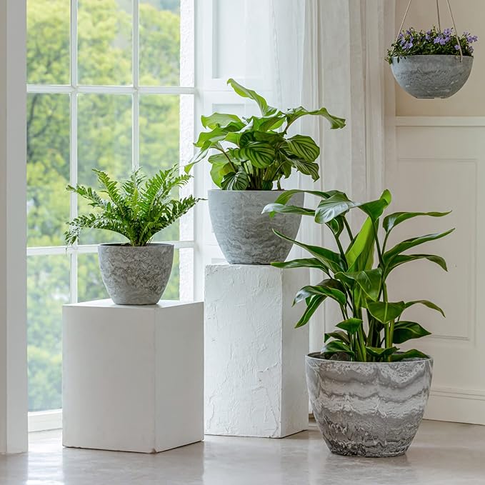 LA JOLIE MUSE Large Hanging Planters for Indoor Outdoor Plants, Hanging Flower Pots Marble Pattern (13.2 Inch,Set of 2)-Ruum Studio Home