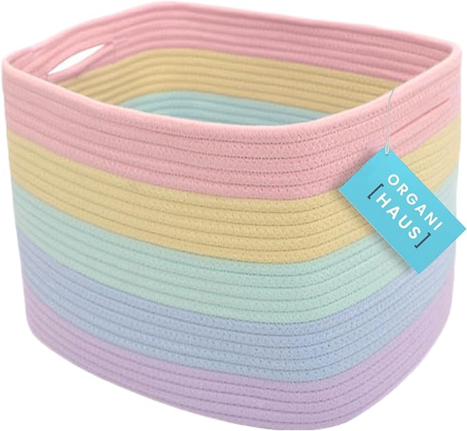 OrganiHaus Rainbow Woven Storage Baskets for Organizing, Cotton Rope Organizer Bins for Shelves, Closet & Nursery, Dog Toy Basket, Decorative Bins for Toys, Towels & Books - 15x10x9-Ruum Studio Home