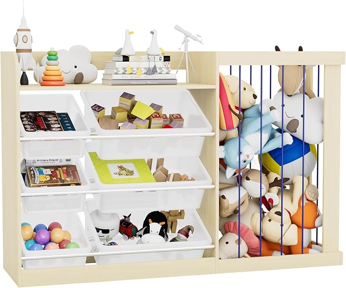 Kids Toy Storage Organizer with 6 Removable Plastic Bins Toddler Montessori Bookshelf with Stuffed Animal Net Holder Baby Bookcase Plush Organizer for Playroom,Bedroom,Kids Room,Classroom-Ruum Studio Home