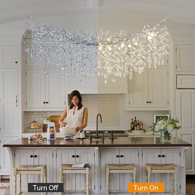 Modern Crystal Silver Chandelier, 55" Large Rectangular Oval Tree Branch Crystal Chandeliers for Dining Room,16-Light Flush Mount K9 Crystal Chandeliers, for Kitchen Island,Dining Room-Ruum Studio Home