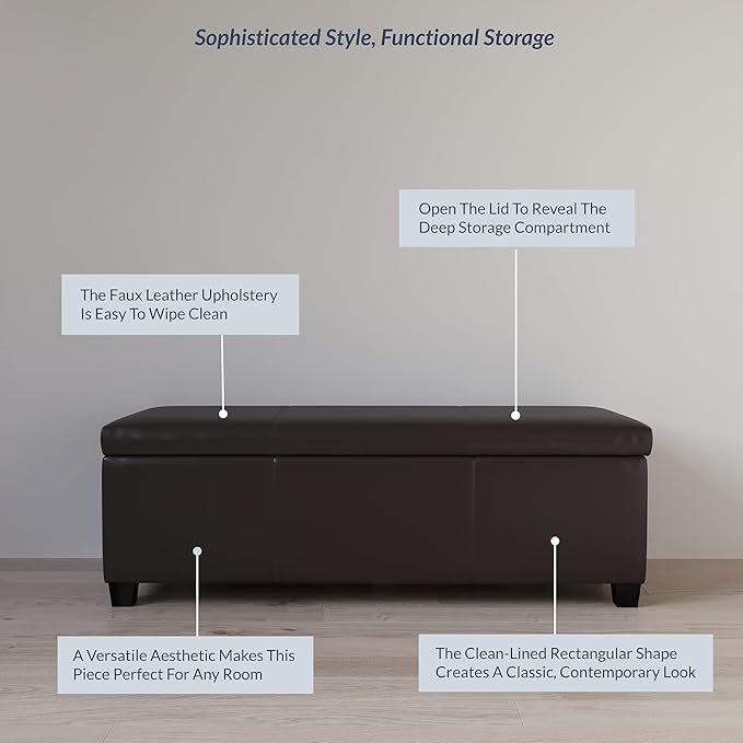 BELLEZE 47 Inch Storage Ottoman, Faux Leather Storage Bench Bedroom Bench with Safety Close Hinge, Ottoman with Storage for Living Room, Entryway, Hallway, Foot Rest, Support 300lbs - Brown-Ruum Studio Home