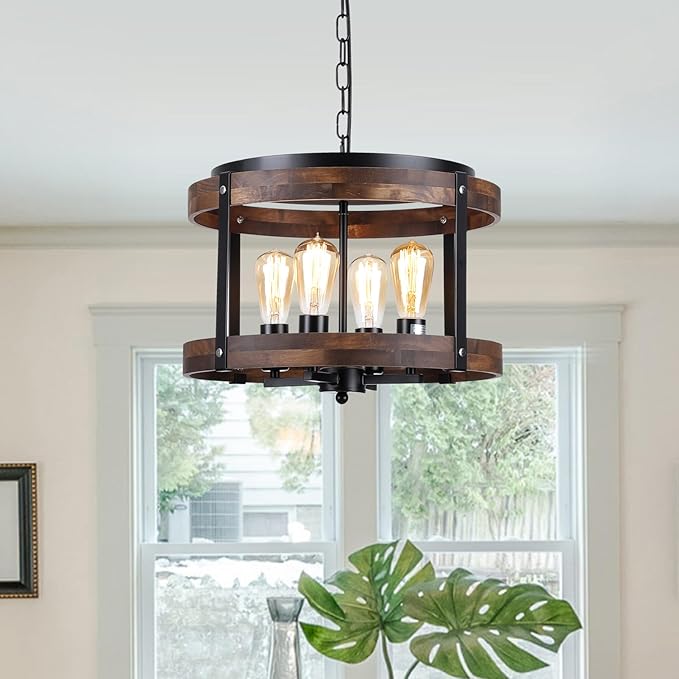 4-Light Large Rustic Farmhouse Wood Pendant Light Fixture with Adjustable Chain, 16.5 inch Oak Wood Drum Chandelier for Dining Room Kitchen Island Farmhouse Living Room Hallway, Black-Ruum Studio Home