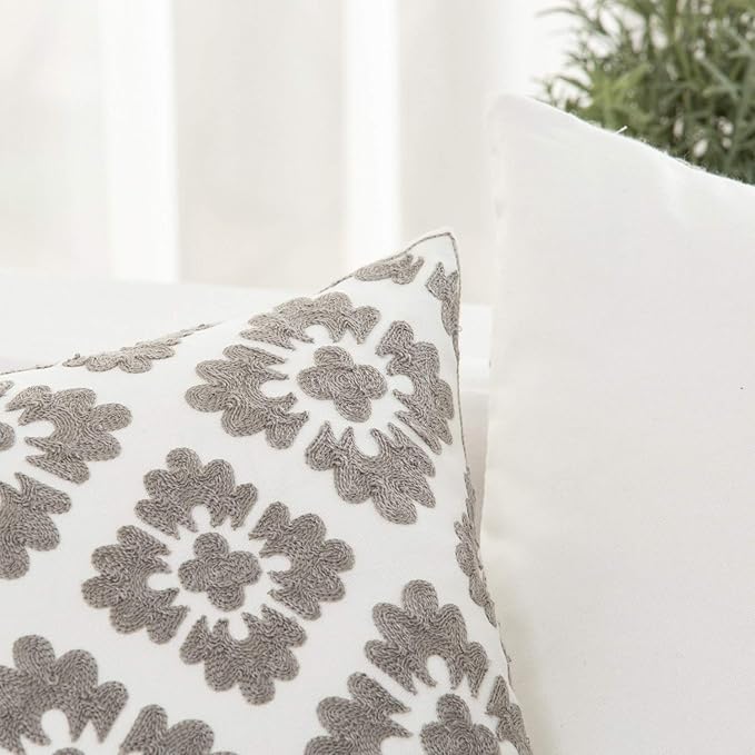 HWY 50 Grey Gray Decorative Throw Pillow Covers 18x18 Inch (1 Piece), Embroidered Cotton Farmhouse Cushion Cover Pillow Case for Sofa Couch Living Room Bed, Geometric Diamond Floral-Ruum Studio Home